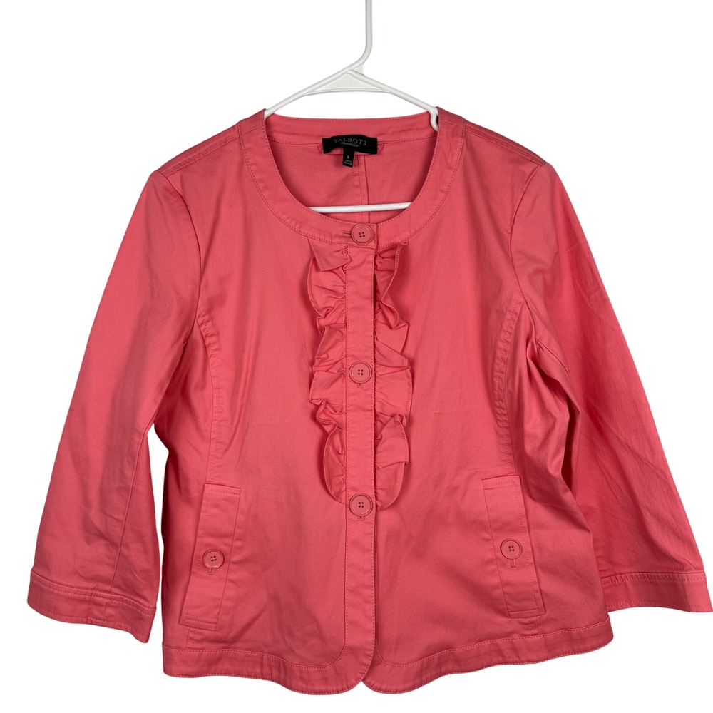 Talbots Ruffle Front Jacket Womens 8 Pink Cotton Spandex 3/4 Sleeve Blazer